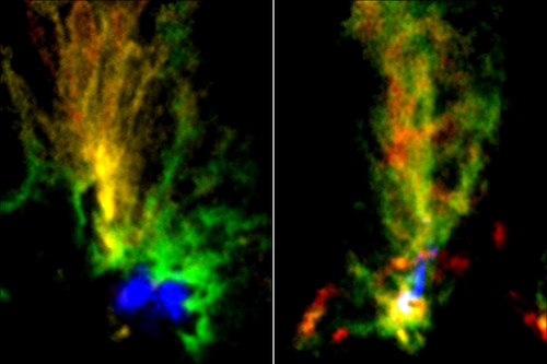 Nubes moleculares N159E-Papillon Nebula (izquierda) y N159W Sur (derecha) obtenidas con ALMA/ALMA (ESO/NAOJ/NRAO)/Fukui et al./Tokuda et al./telescopio espacial Hubble de la NASA/ESA