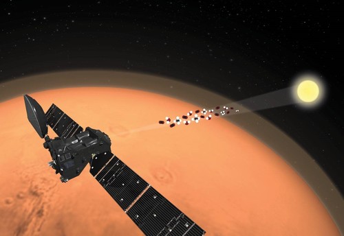 Concepción artística de la misión TGO-ExoMars observando el limbo de la atmósfera de Marte./ ESA.