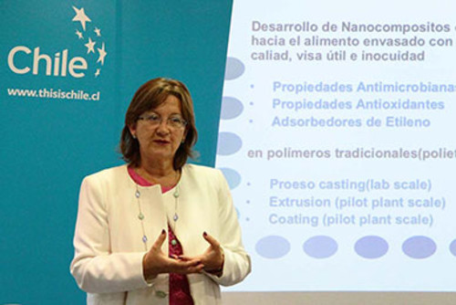 María José Galotto en el ciclo de conferencias Ciencia Made in Chile, presentando la nueva técnica de envasado de alimentos. FOTO: USACH