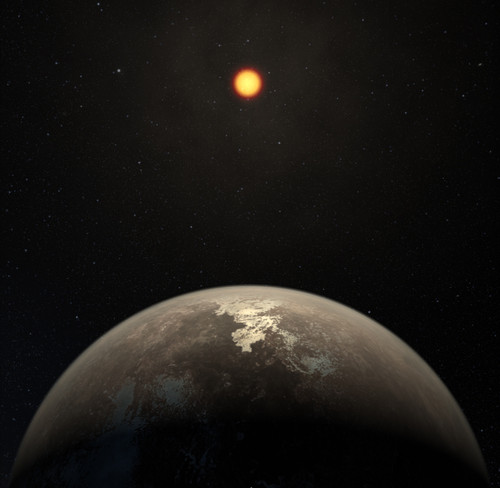 Impresión artística que muestra el planeta templado Ross 128 b con su estrella enana roja al fondo. Crédito: ESO/M. Kornmesser.