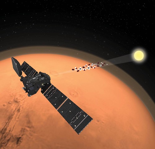 Concepción artística de ExoMars-TGO estudiando la atmósfera de Marte. Fuente: ESA/ATG medialab.